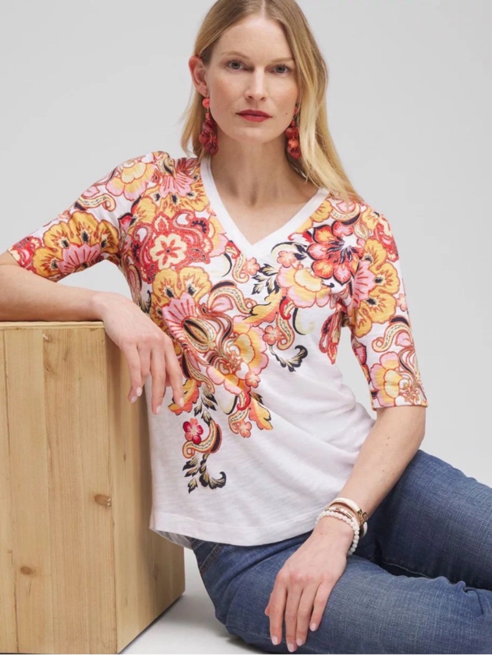 Chico’s XL 16-18 Cotton Modal Blend Floral Bright V Neck Short Sleeve TShirt Top